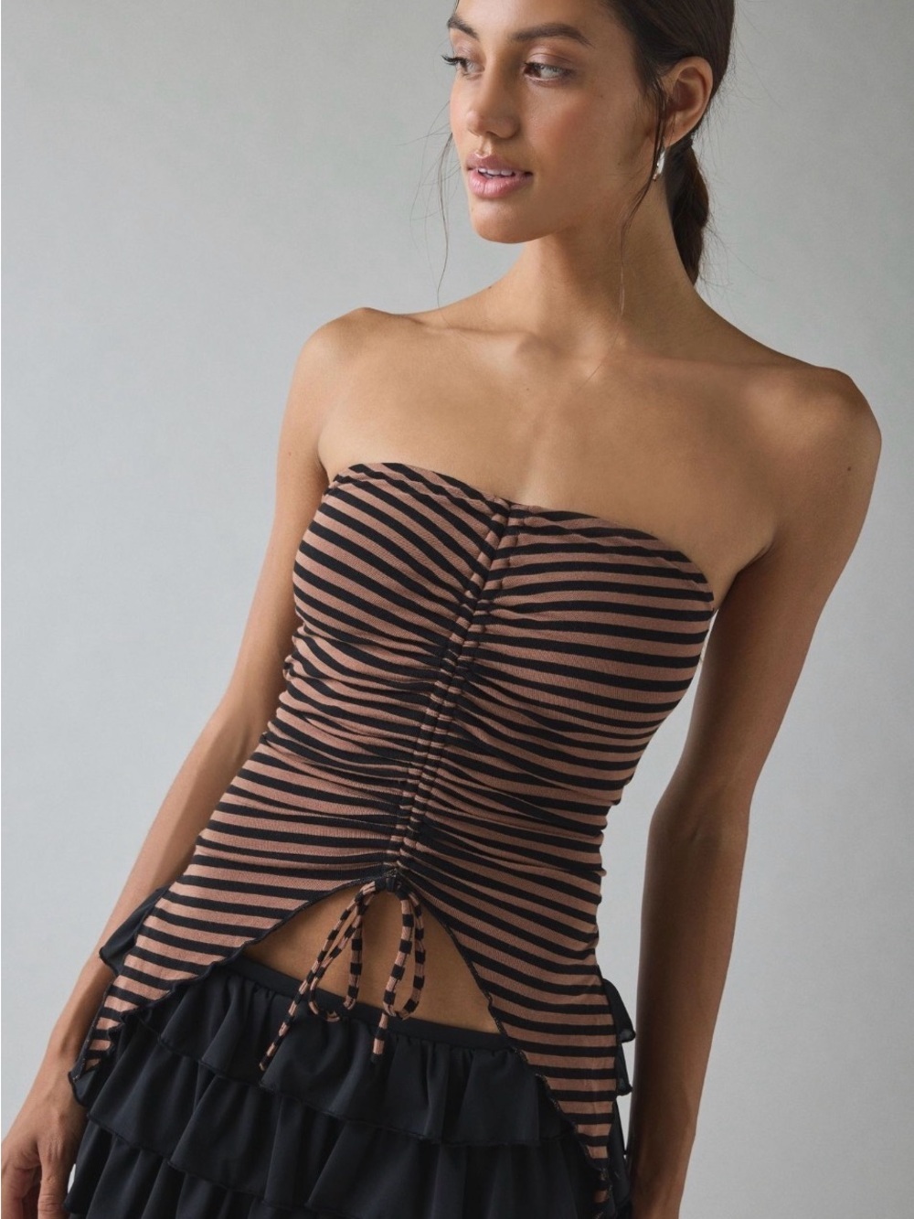 Urban Outfitters Black and Brown Striped Strapless Ruched Crop Top